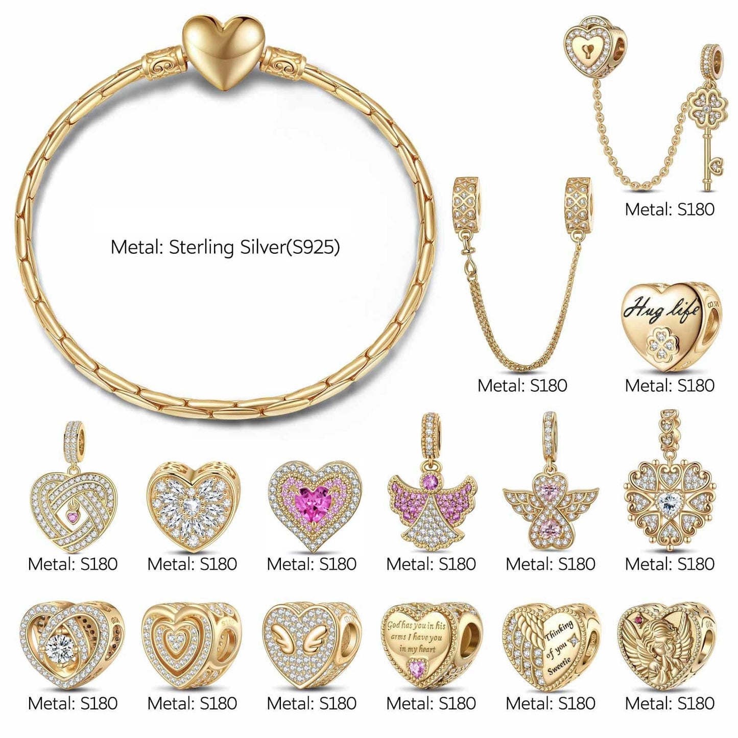 Sterling Silver Angel's Wishes Charms Bracelet Set In 14K Gold Plated (Includes bracelet and all charms shown)