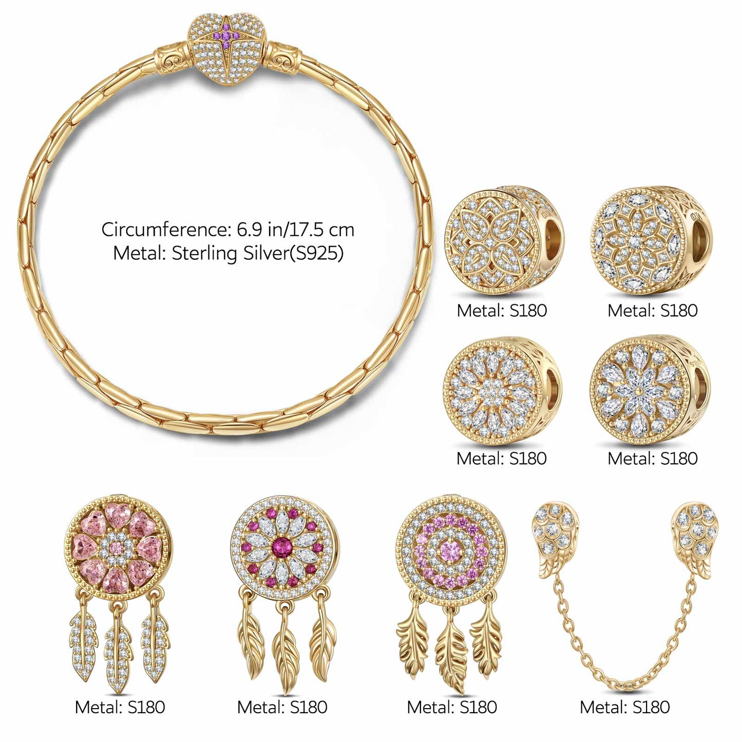 Flash Sale: Sterling Silver Rosy Dreams Charms Bracelet Set In 14K Gold Plated (Includes bracelet and all charms shown)