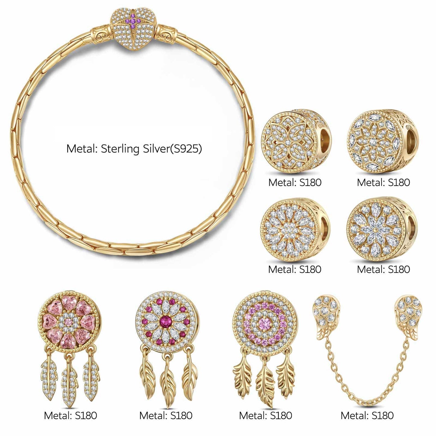 Flash Sale: Sterling Silver Rosy Dreams Charms Bracelet Set In 14K Gold Plated (Includes bracelet and all charms shown)