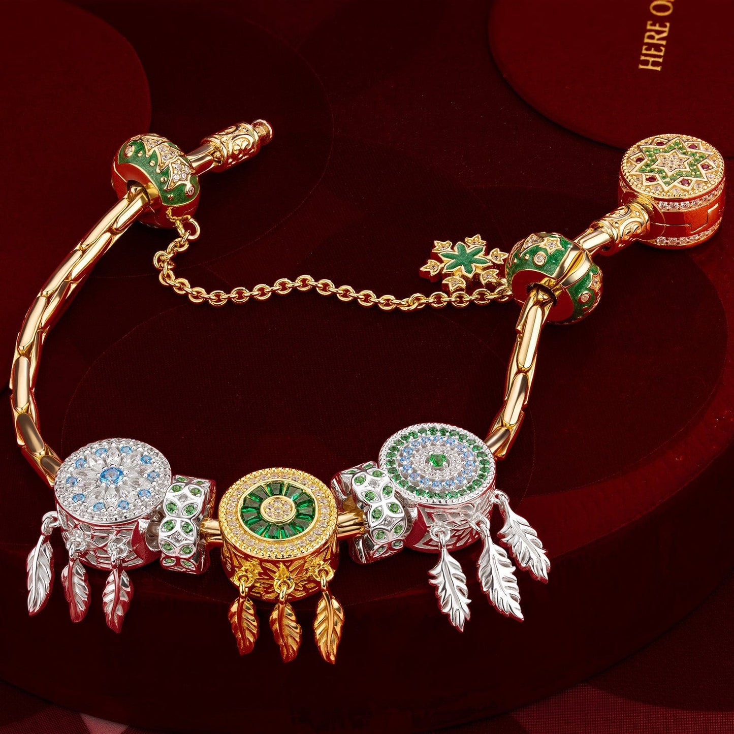 Sterling Silver Verdant Dreamcatcher Charms Bracelet Set In 14K Gold Plated (Includes bracelet and all charms shown)