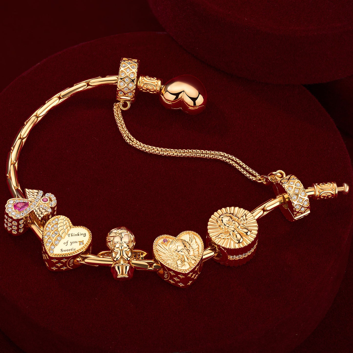 Sterling Silver Angel's Kiss Charms Bracelet Set In 14K Gold Plated (Includes bracelet and all charms shown)