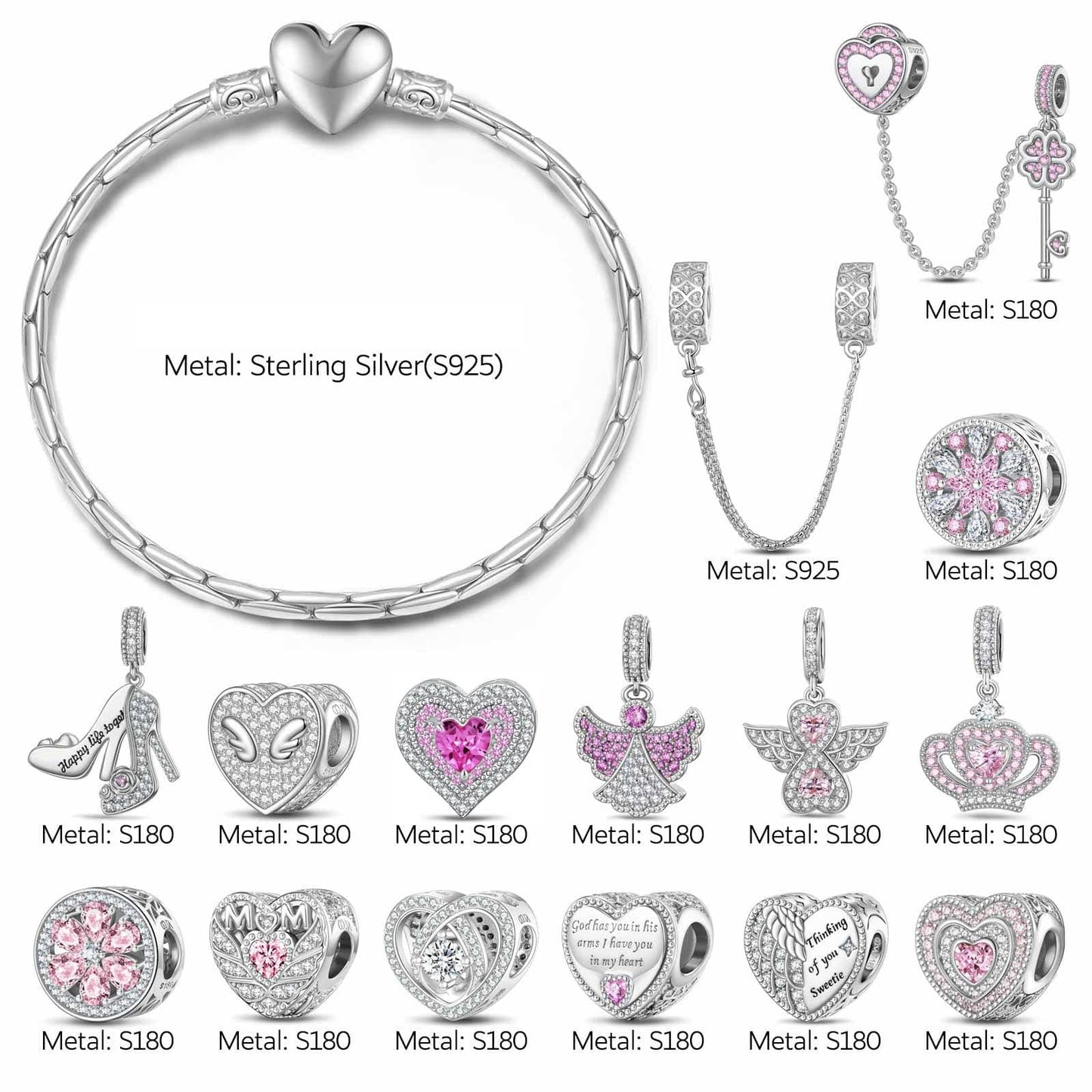 Sterling Silver Angel's Wishes Charms Bracelet Set In 14K Gold Plated (Includes bracelet and all charms shown)