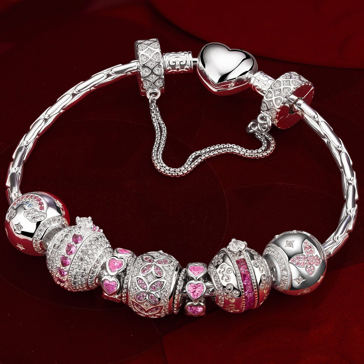 Sterling Silver Rosy Vow Charms Bracelet Set In White Gold Plated (Includes bracelet and all charms shown)