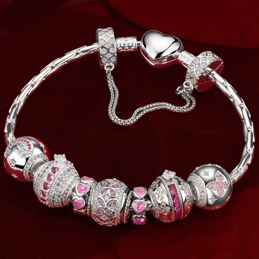 gon- Sterling Silver Rosy Vow Charms Bracelet Set In White Gold Plated (Includes bracelet and all charms shown)