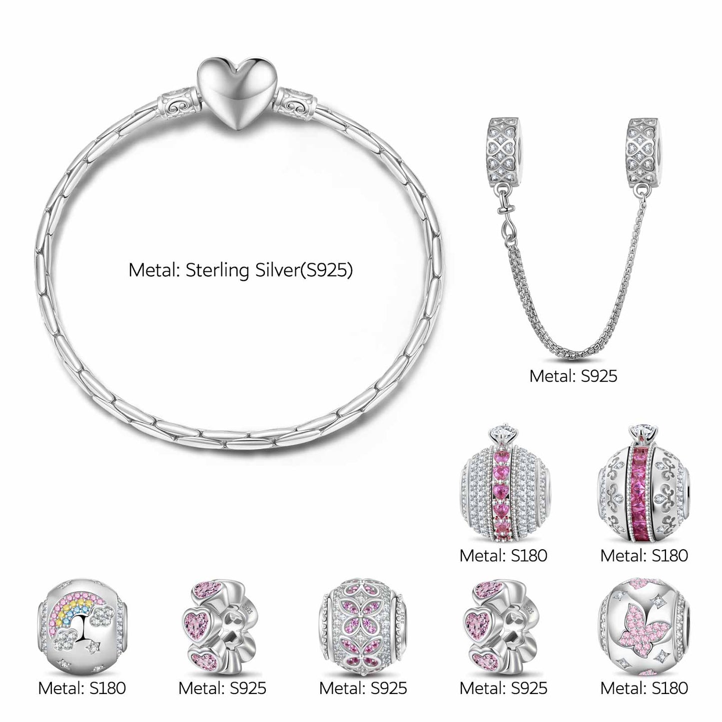 Sterling Silver Rosy Vow Charms Bracelet Set In White Gold Plated (Includes bracelet and all charms shown)