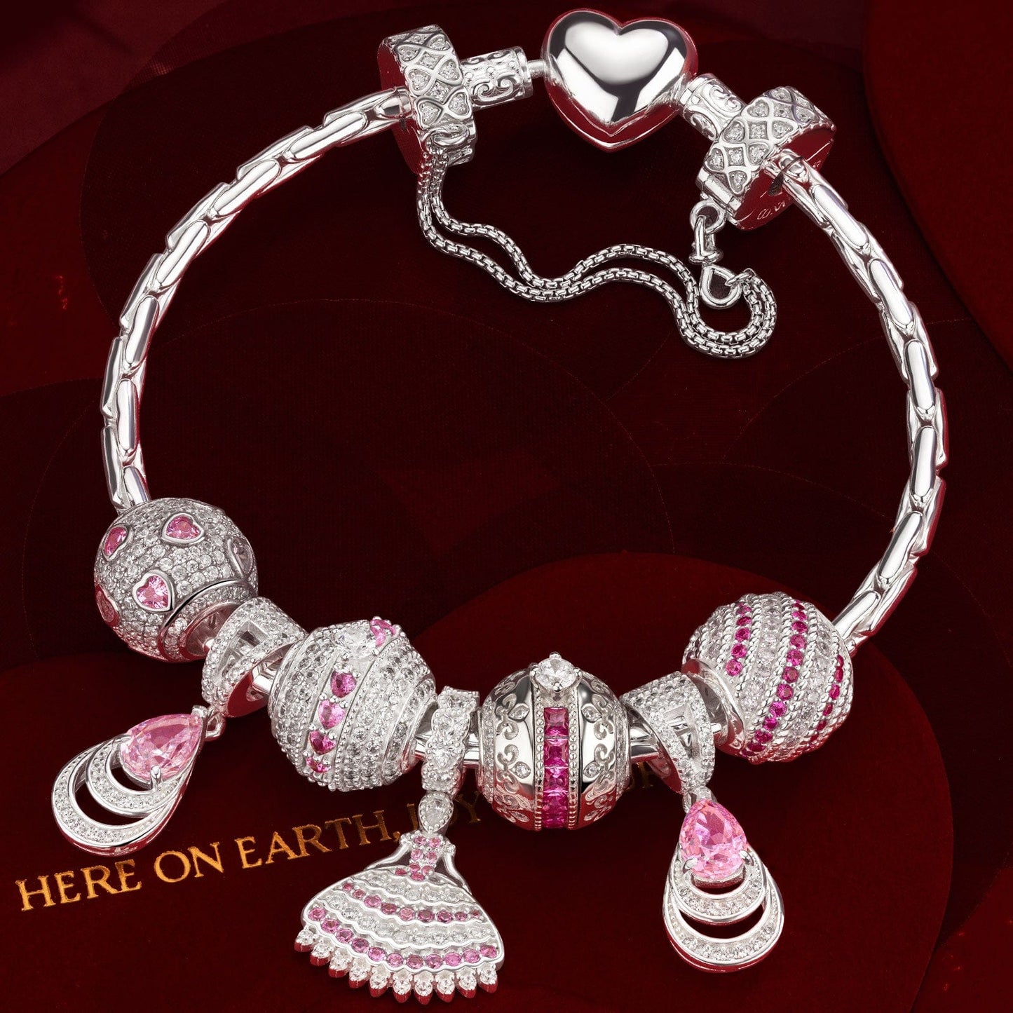 Sterling Silver Pink Petal Princess Charms Bracelet Set In 14K Gold Plated (Includes bracelet and all charms shown)