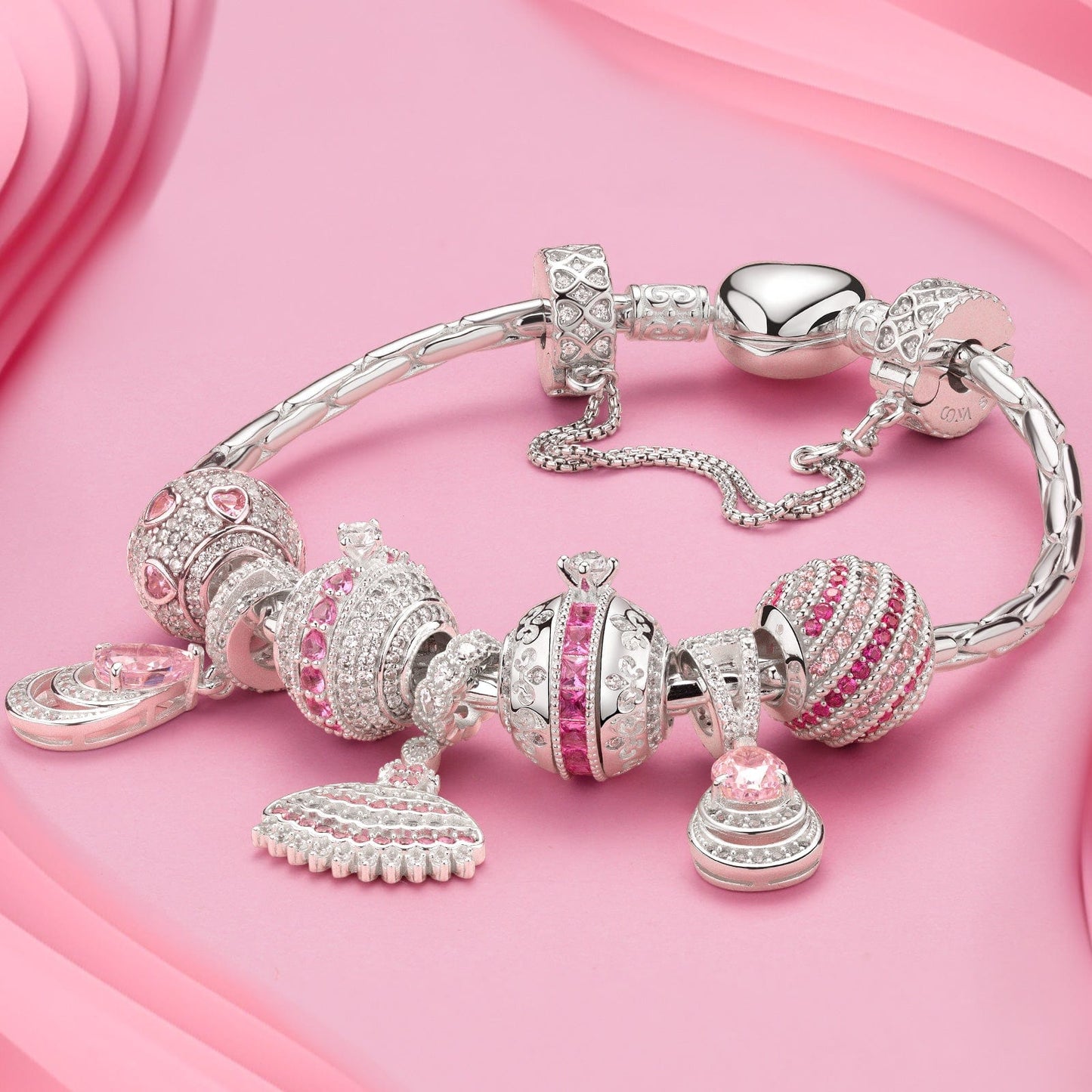 Sterling Silver Pink Petal Princess Charms Bracelet Set In White Gold Plated (Includes bracelet and all charms shown)