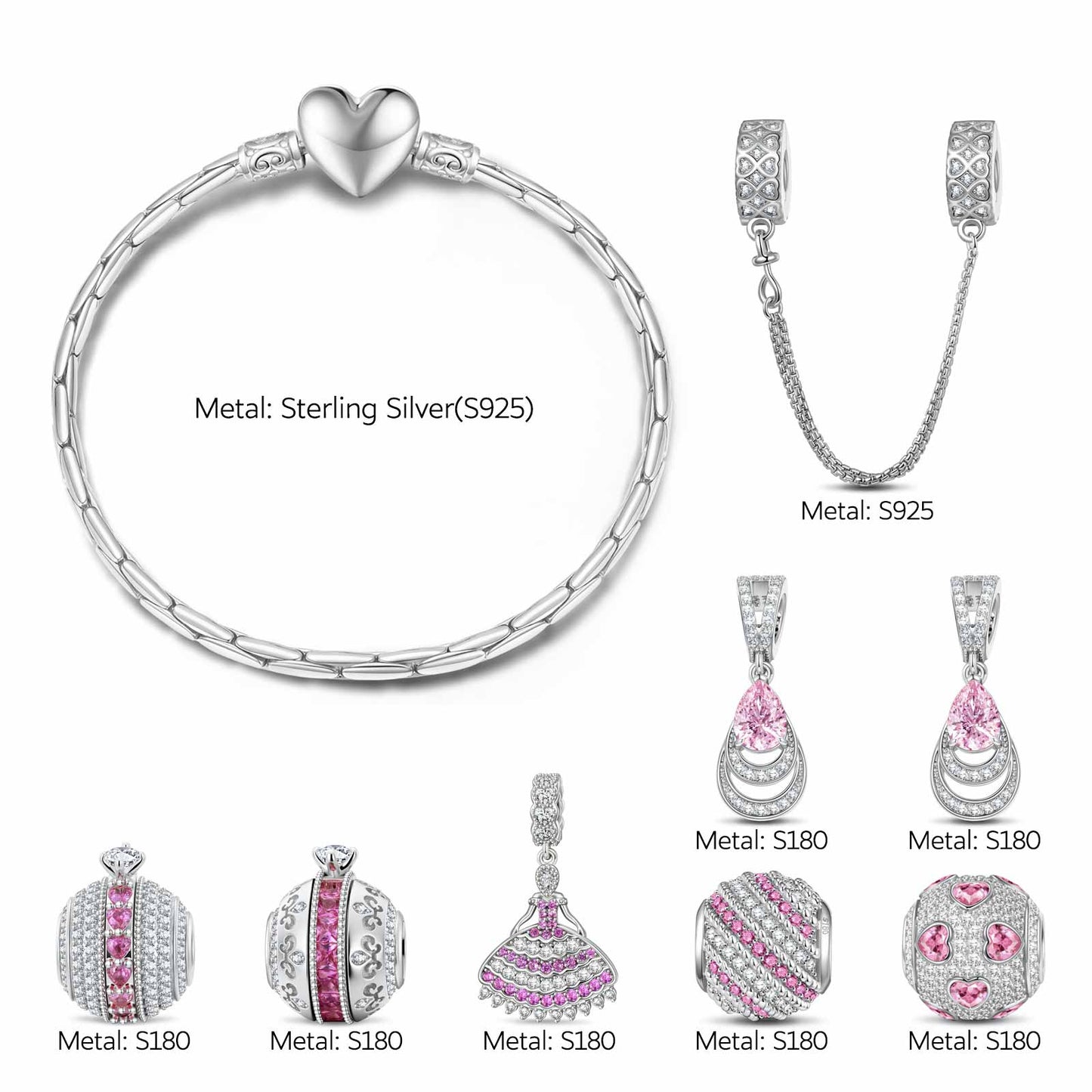 Sterling Silver Pink Petal Princess Charms Bracelet Set In White Gold Plated (Includes bracelet and all charms shown)