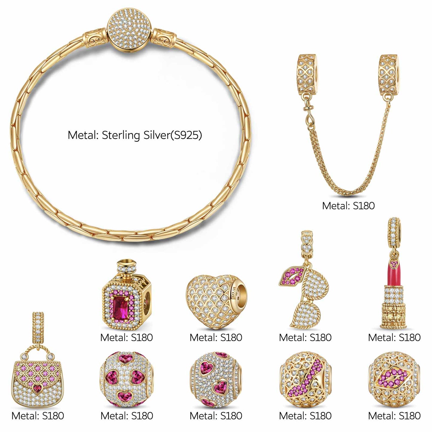 Sterling Silver Effortless Elegance Charms Bracelet Set In 14K Gold Plated (Includes bracelet and all charms shown)