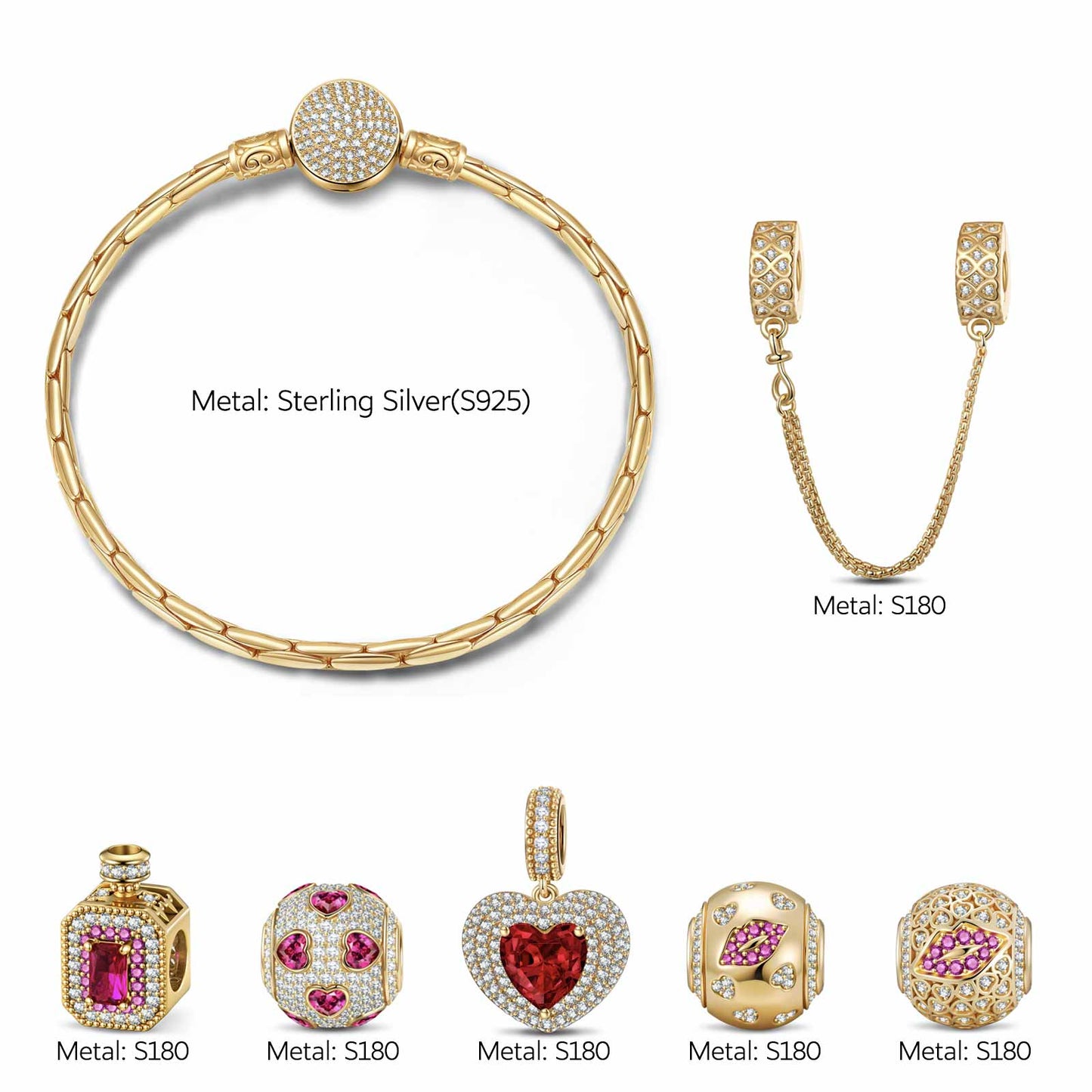 Sterling Silver Glowing Affection Charms Bracelet Set In 14K Gold Plated (Includes bracelet and all charms shown)