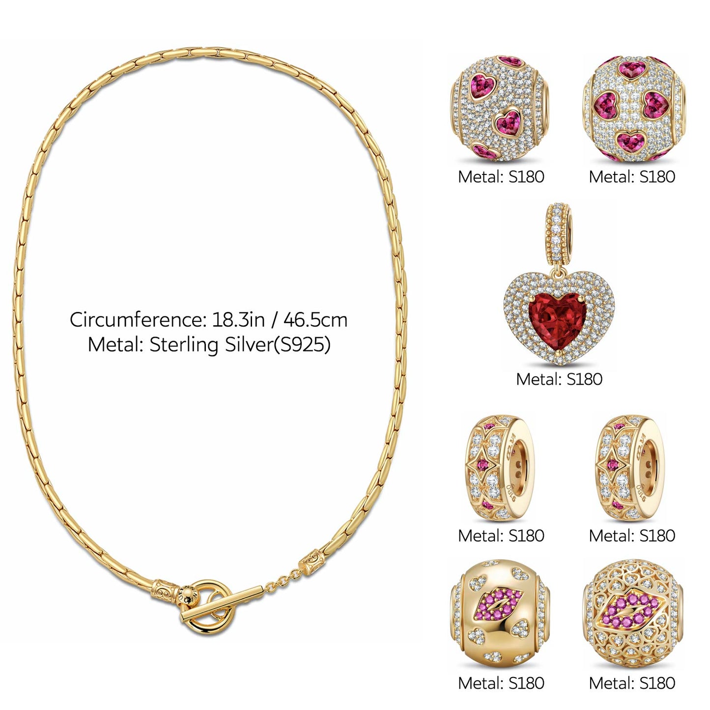 Sterling Silver Glowing Affection Charms Necklace Set In 14K Gold Plated