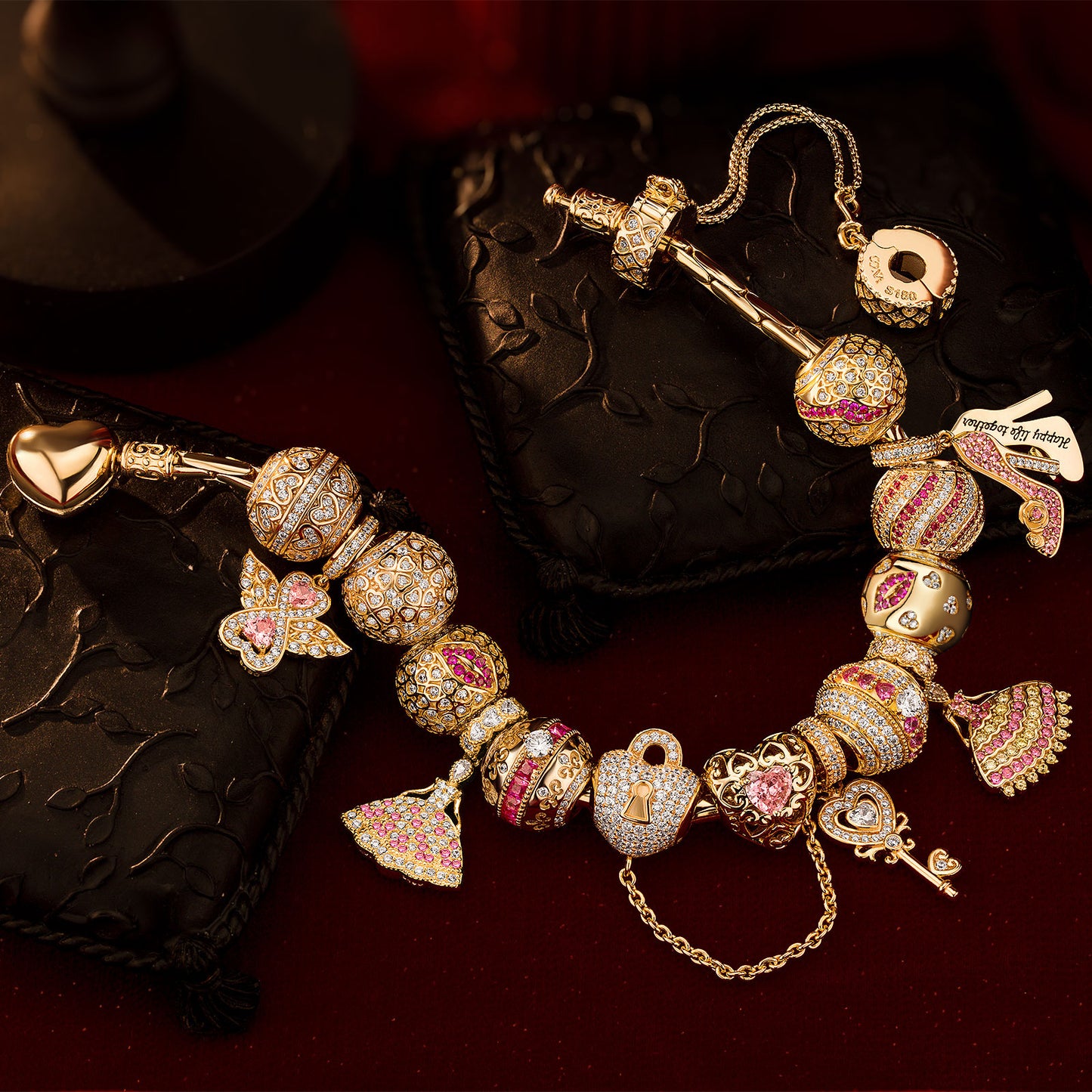 Sterling Silver Dreamy Rosiness Charms Bracelet Set In 14K Gold Plated (Includes bracelet and all charms shown)