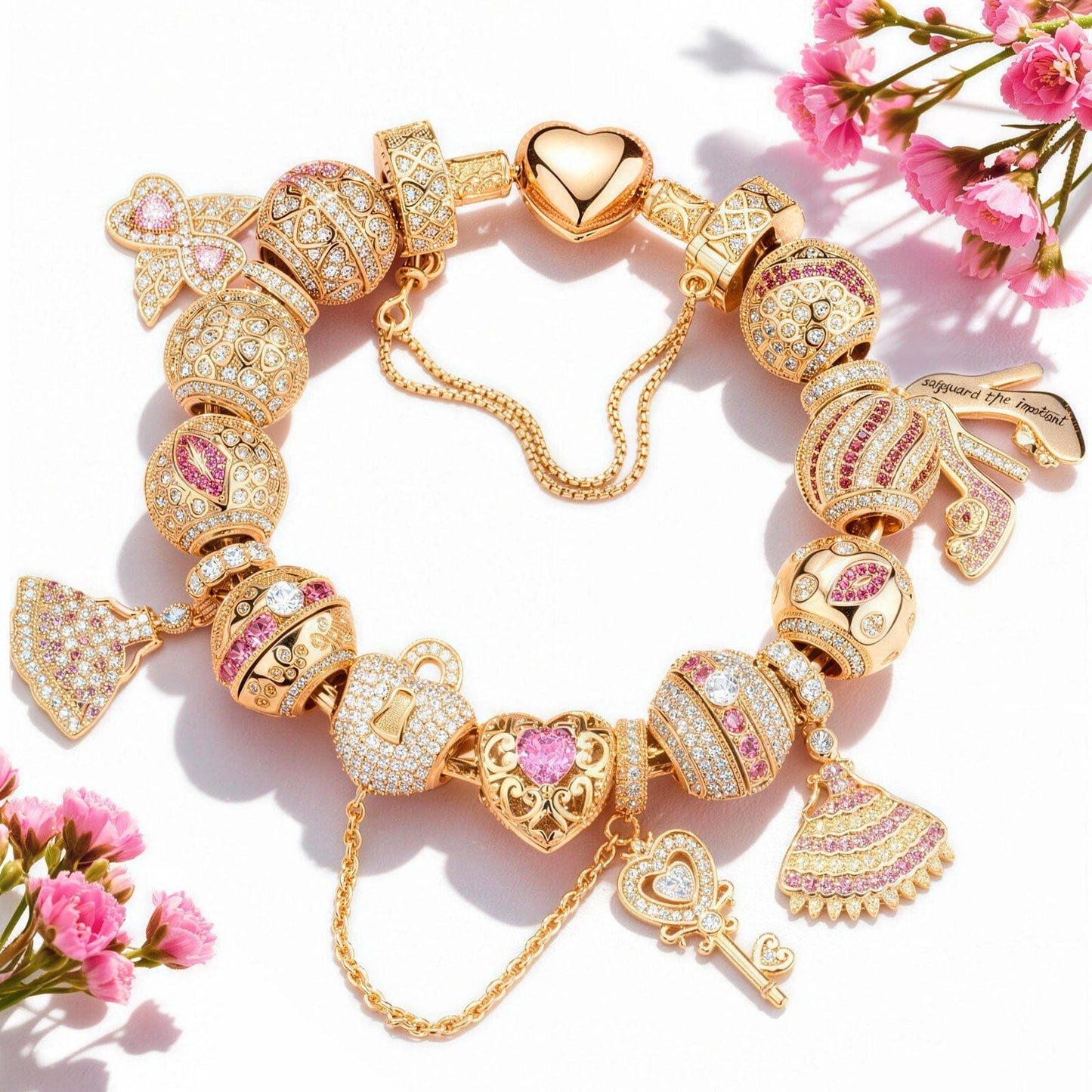 Sterling Silver Dreamy Rosiness Charms Bracelet Set In 14K Gold Plated (Includes bracelet and all charms shown)