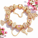 Sterling Silver Dreamy Rosiness Charms Bracelet Set In 14K Gold Plated (Includes bracelet and all charms shown)