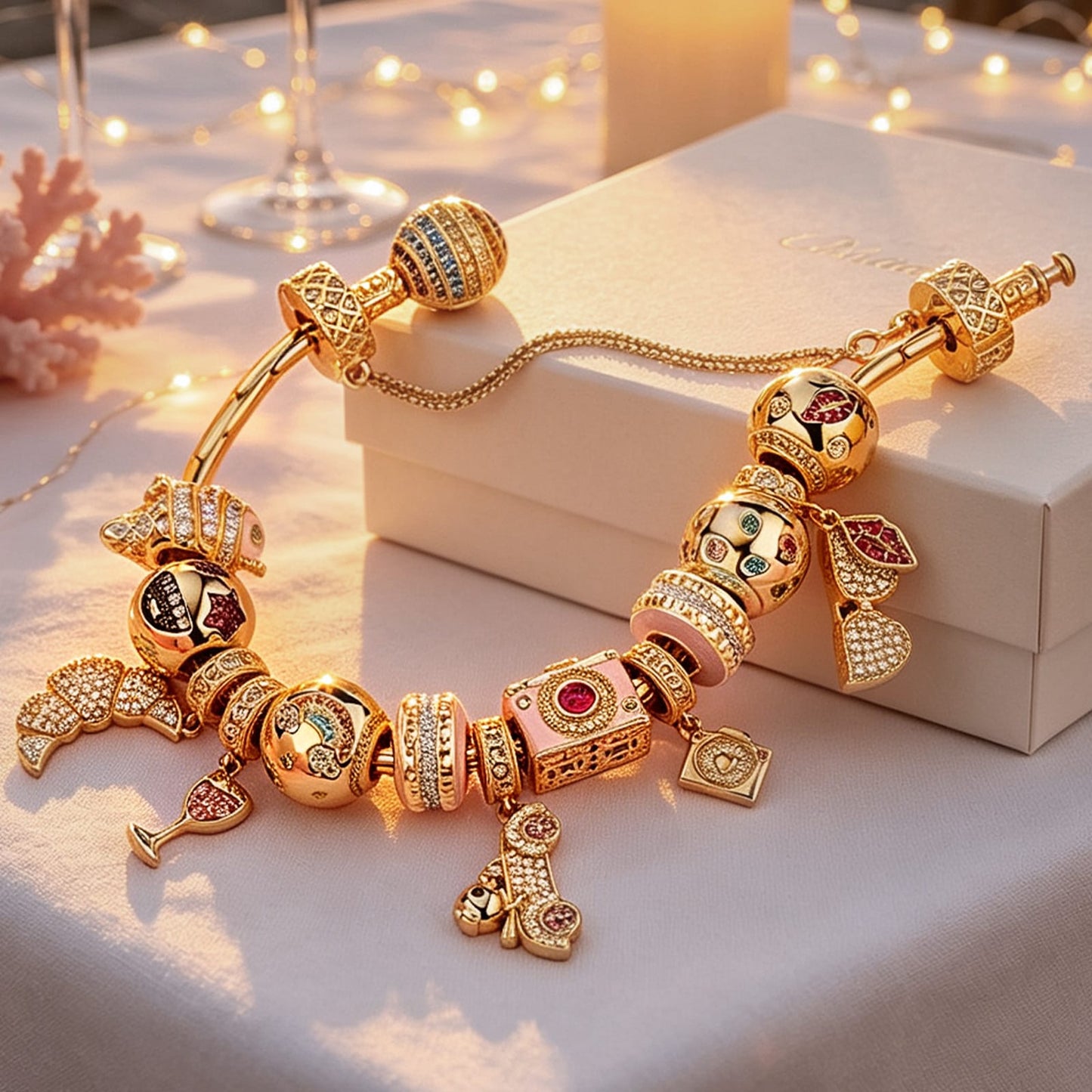 Sterling Silver Dreamy Getaways Charms Bracelet Set With Enamel In 14K Gold Plated (Includes bracelet and all charms shown)