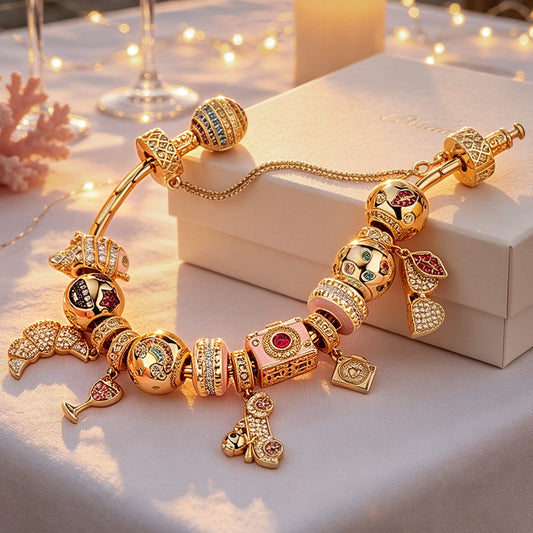 gon- Sterling Silver Dreamy Getaways Charms Bracelet Set With Enamel In 14K Gold Plated (Includes bracelet and all charms shown)