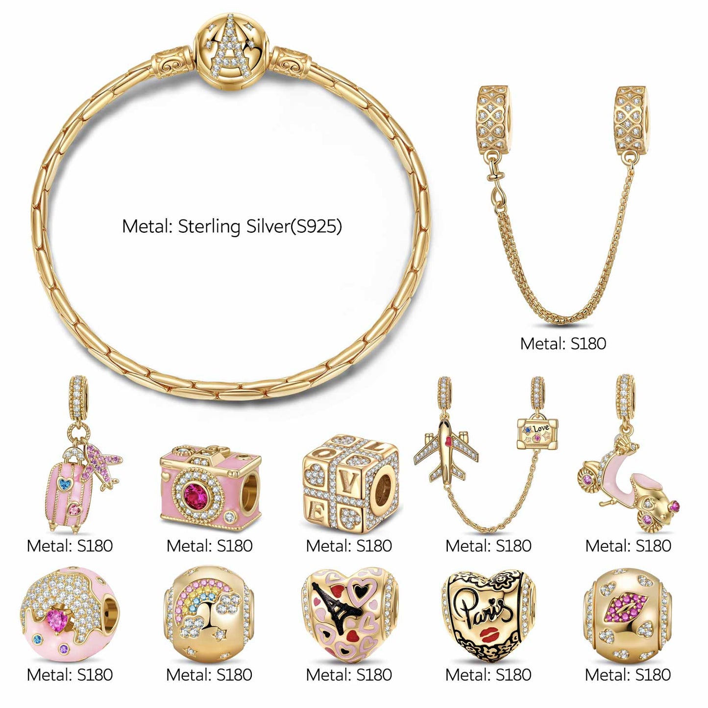 Sterling Silver Romantic Getaways Charms Bracelet Set With Enamel In 14K Gold Plated (Includes bracelet and all charms shown)