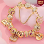 Sterling Silver Elegant Bliss Charms Bracelet Set With Enamel In 14K Gold Plated (Includes bracelet and all charms shown)