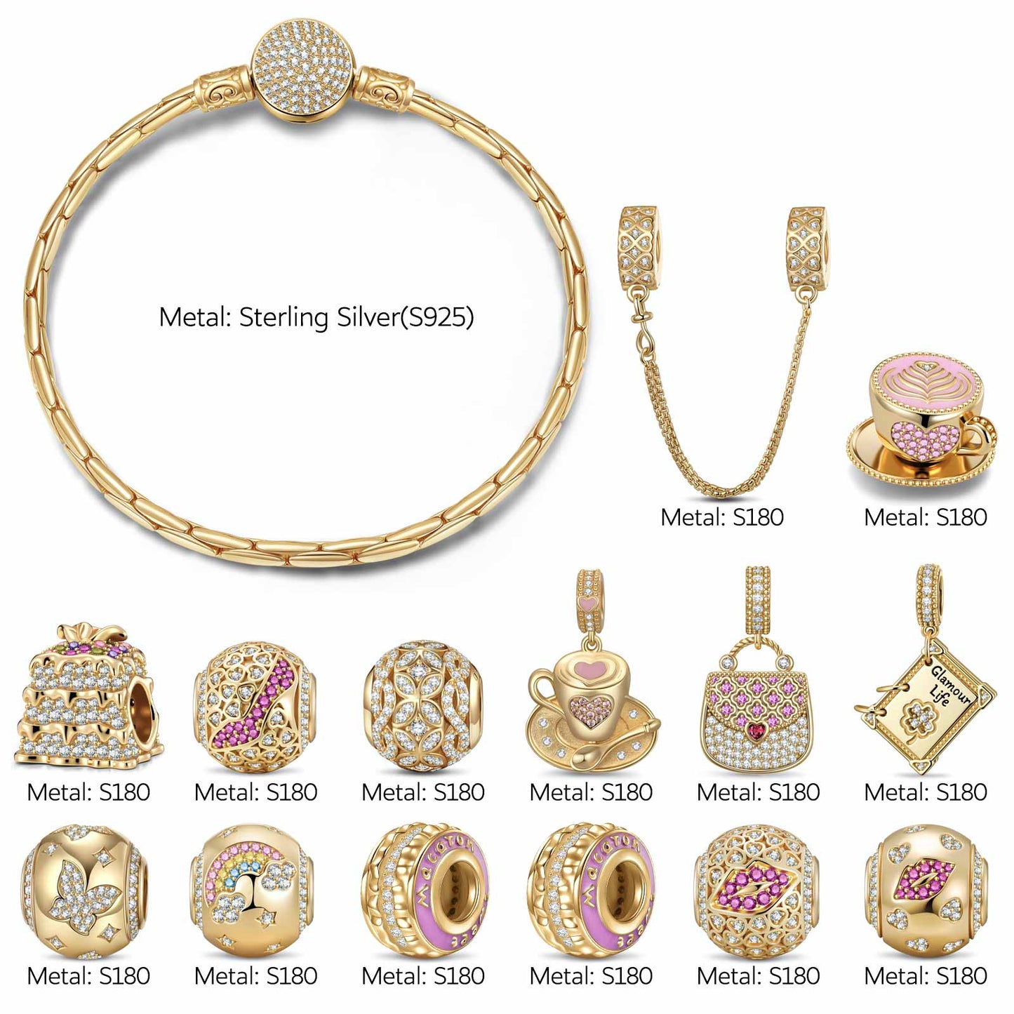 Sterling Silver Elegant Bliss Charms Bracelet Set With Enamel In 14K Gold Plated (Includes bracelet and all charms shown)