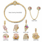 Sterling Silver Blissful Treats Charms Bracelet Set With Enamel In 14K Gold Plated (Includes bracelet and all charms shown)