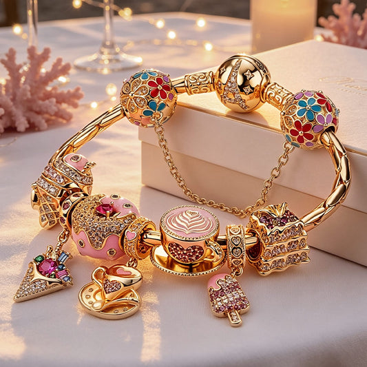 gona- Sterling Silver Blissful Treats Charms Bracelet Set With Enamel In 14K Gold Plated (Includes bracelet and all charms shown)