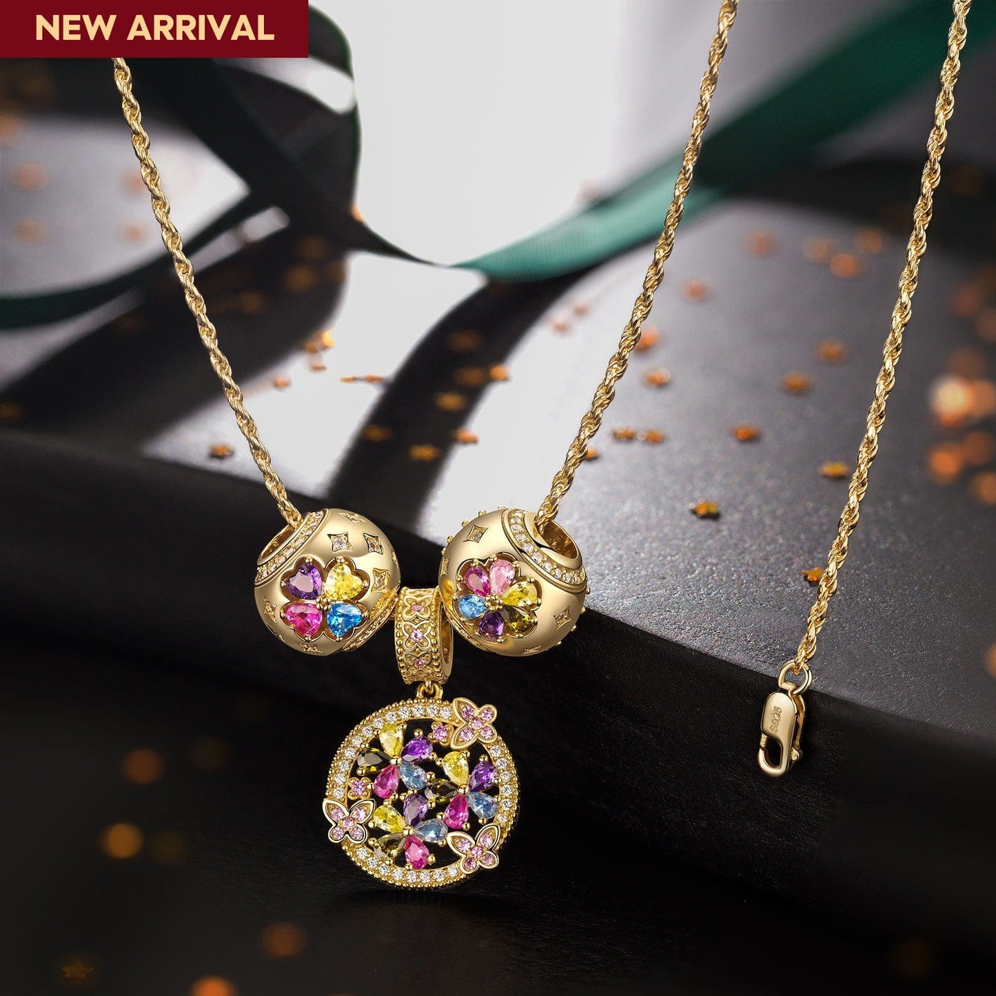 Sterling Silver Blossom Beauty Charms Necklace Set In 14K Gold Plated