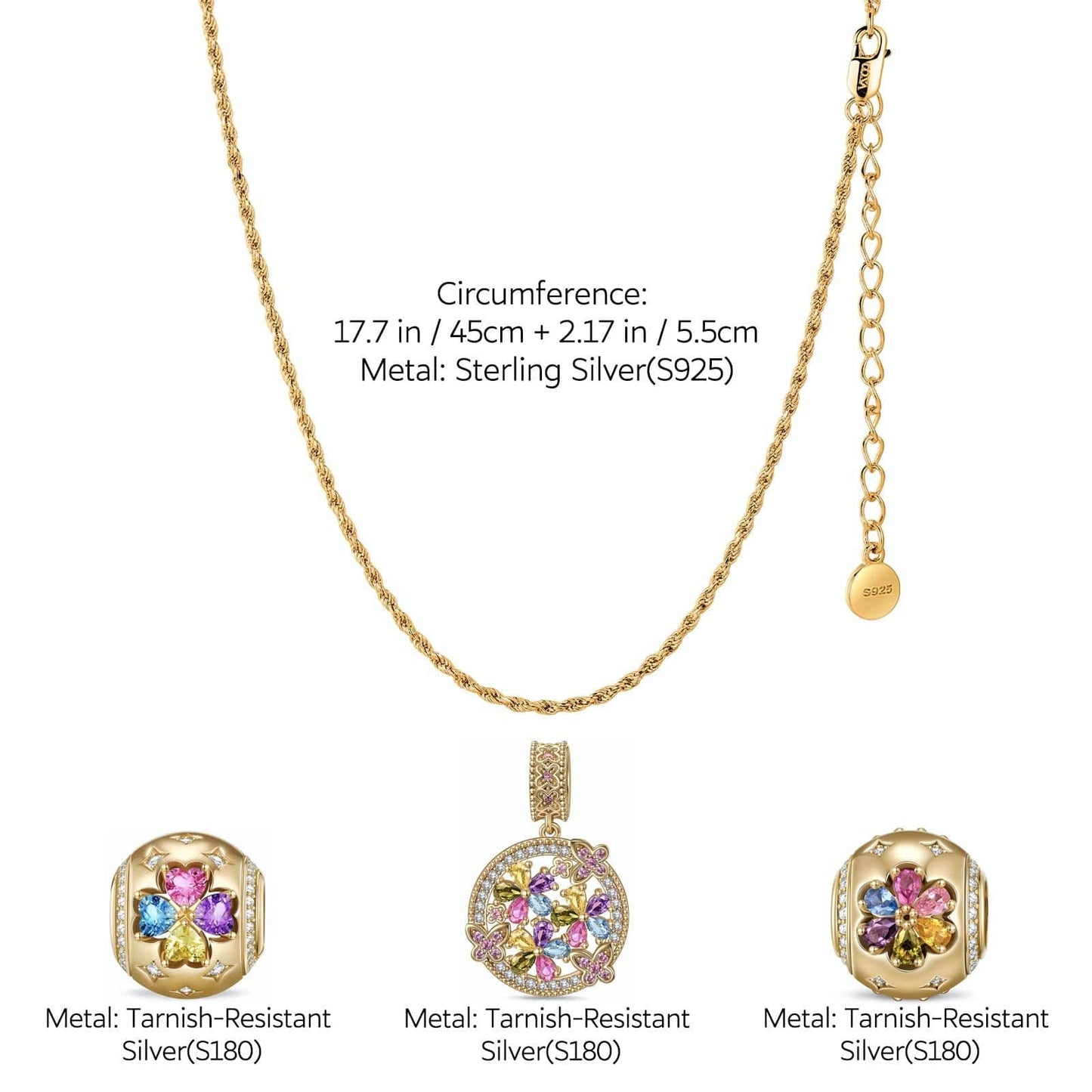 Sterling Silver Blossom Beauty Charms Necklace Set In 14K Gold Plated