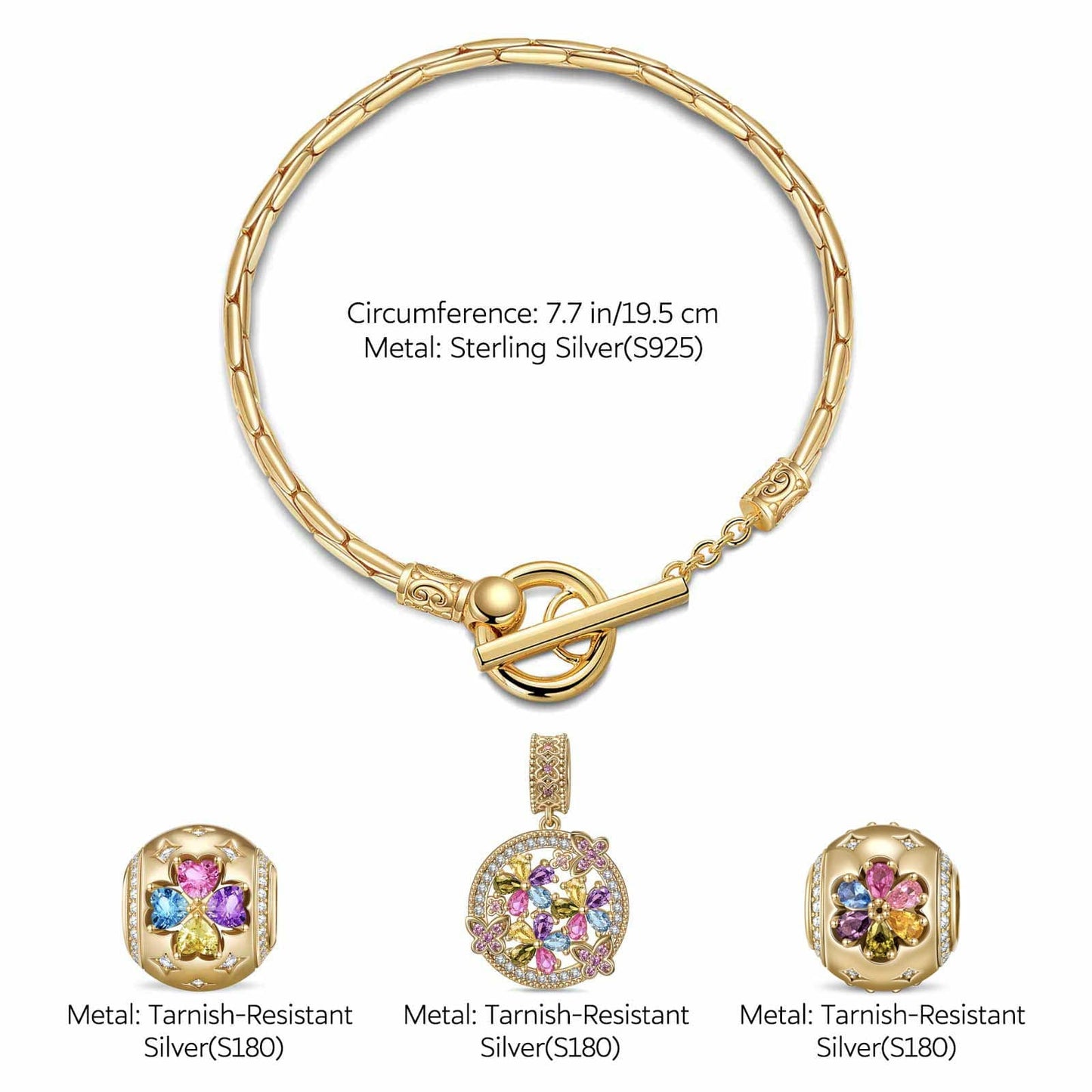 Sterling Silver Floral Fantasy Charms Bracelet Set In 14K Gold Plated (Includes bracelet and all charms shown)