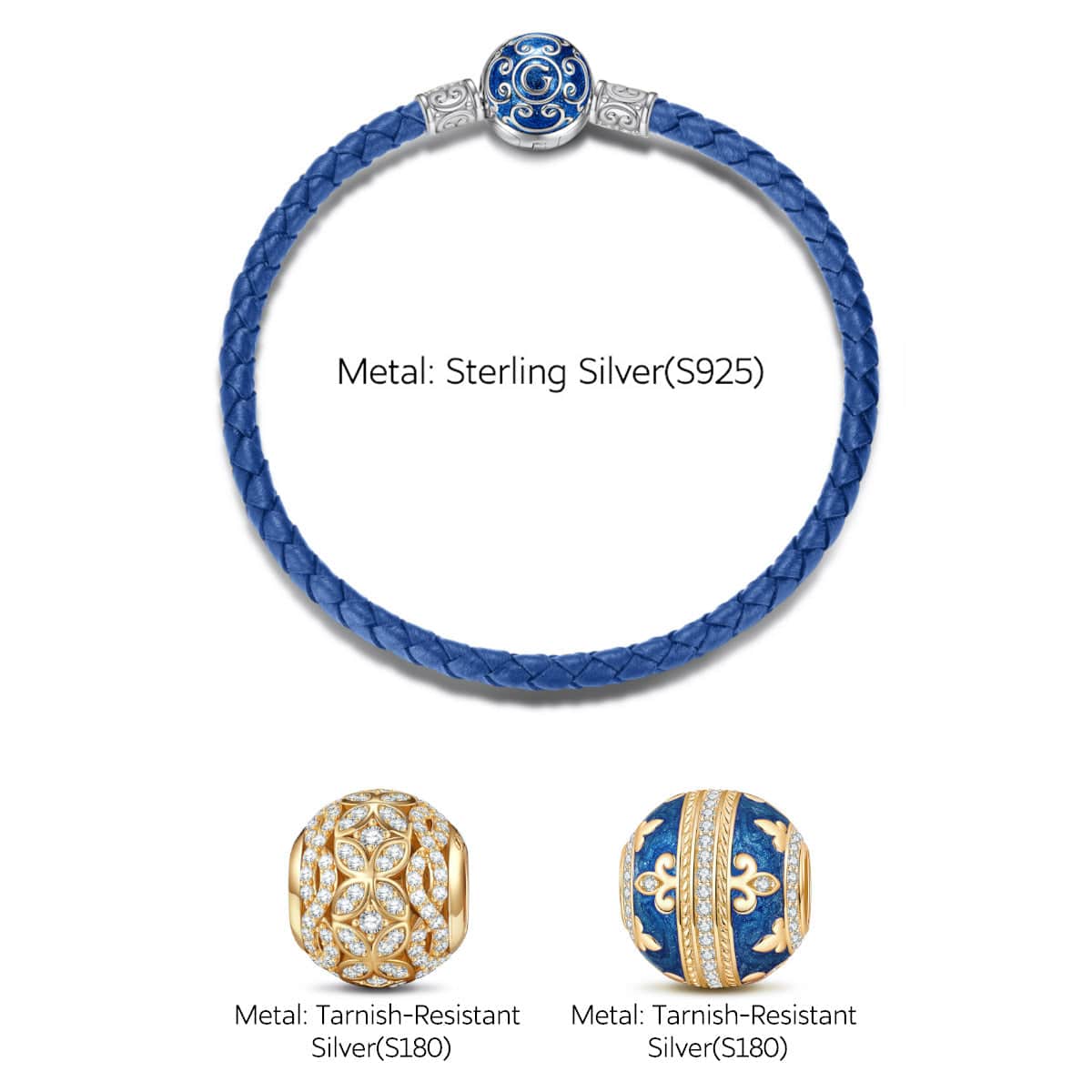 Sterling Silver Blue Leather Butterfly Dance Charms Bracelet Set In 14K Gold Plated (Includes bracelet and all charms shown)