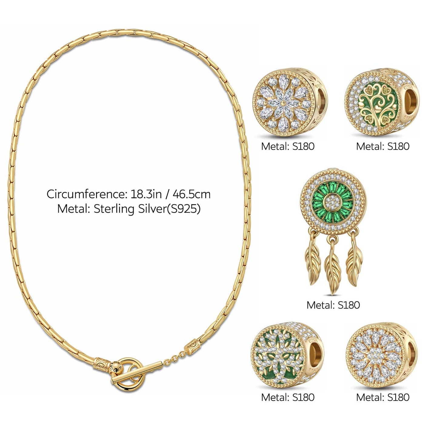 Sterling Silver Dreamweaving in Greenery Charms Necklace Set With Enamel In 14K Gold Plated