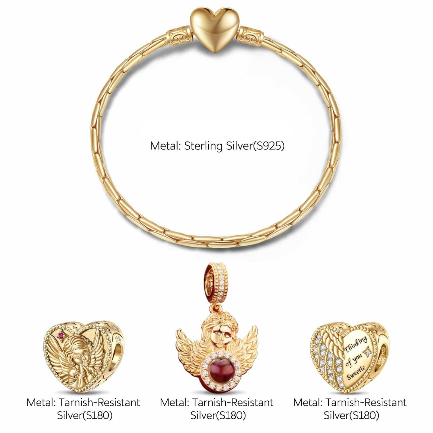 Sterling Silver Golden Embrace Charms Bracelet Set In 14K Gold Plated Embed with a I Love You 100 Languages Light Projection Gemstone (Includes bracelet and all charms shown)