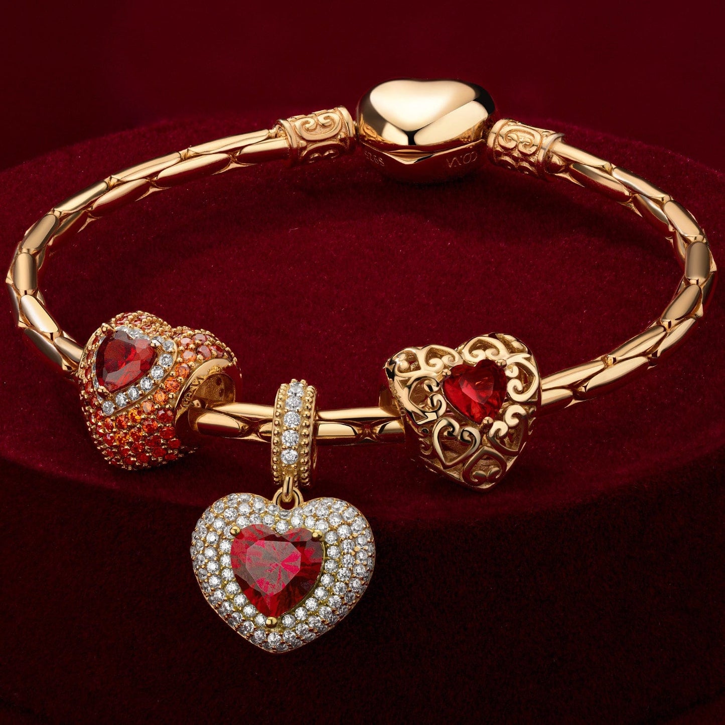 Sterling Silver Crimson Heart: January Garnet Charms Bracelet Set In 14K Gold Plated (Includes bracelet and all charms shown)