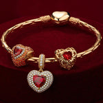 Sterling Silver Crimson Heart: January Garnet Charms Bracelet Set In 14K Gold Plated (Includes bracelet and all charms shown)