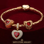 Sterling Silver Crimson Heart: January Garnet Charms Bracelet Set In 14K Gold Plated (Includes bracelet and all charms shown)