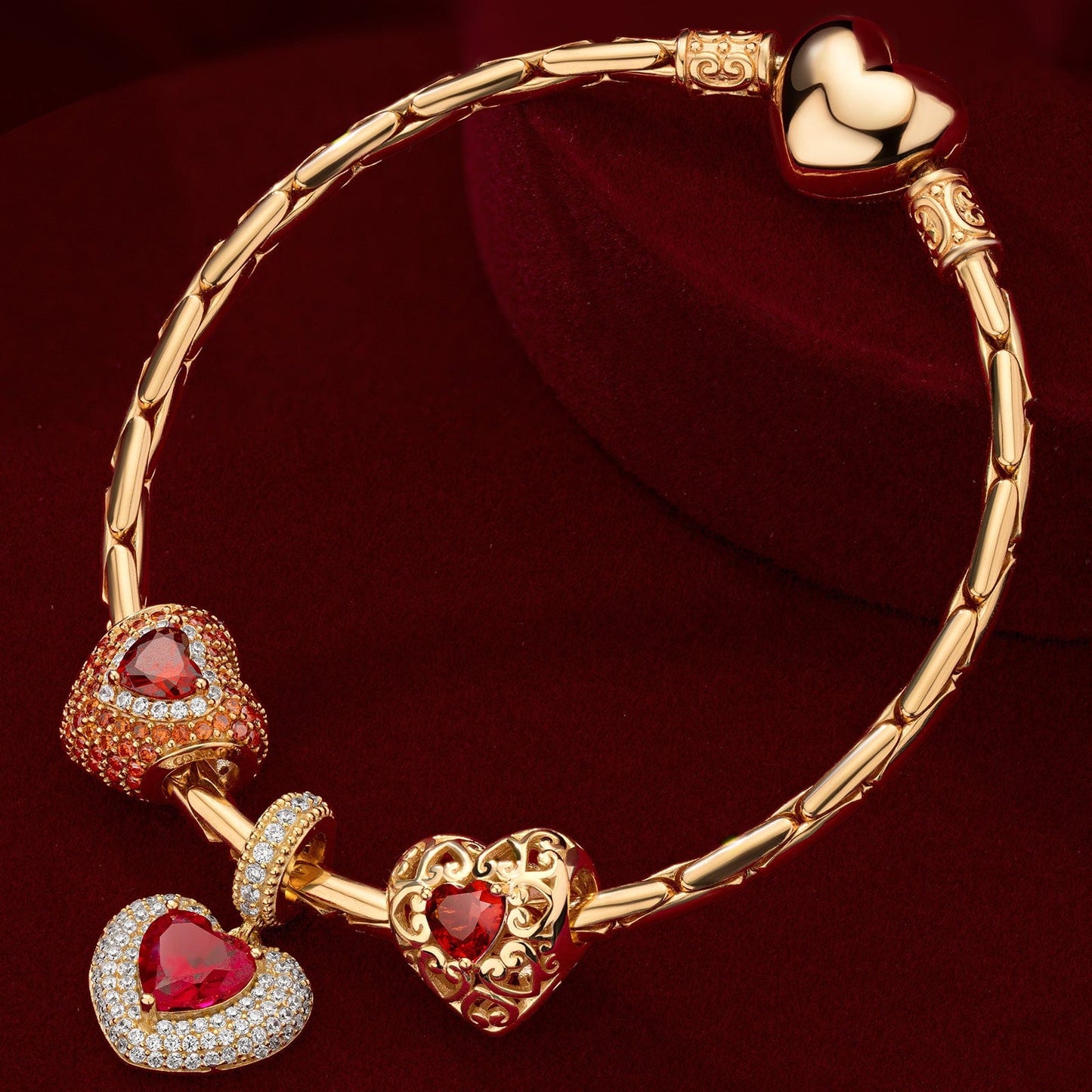 Sterling Silver Crimson Heart: January Garnet Charms Bracelet Set In 14K Gold Plated (Includes bracelet and all charms shown)