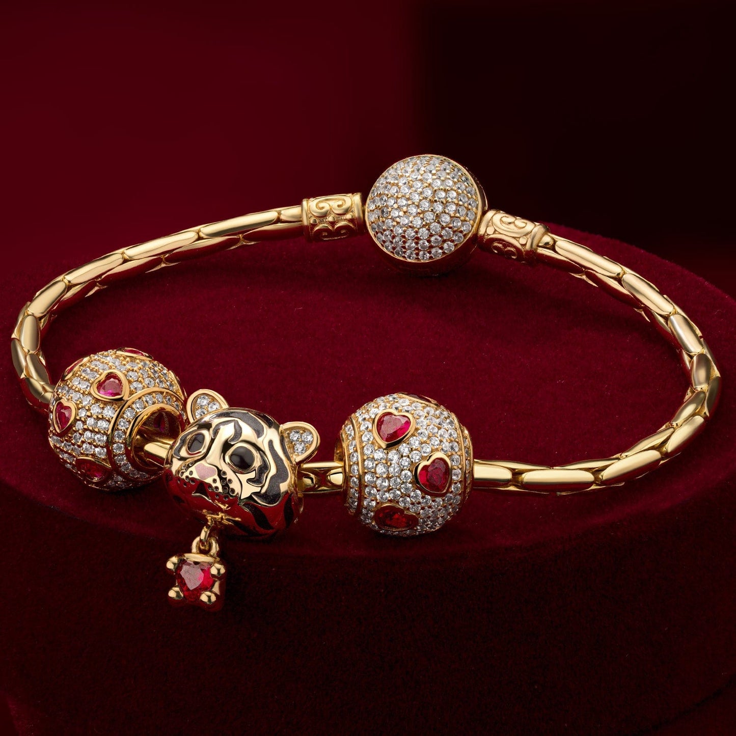 Sterling Silver Fiery Tiger: January Garnet Charms Bracelet Set In 14K Gold Plated (Includes bracelet and all charms shown)