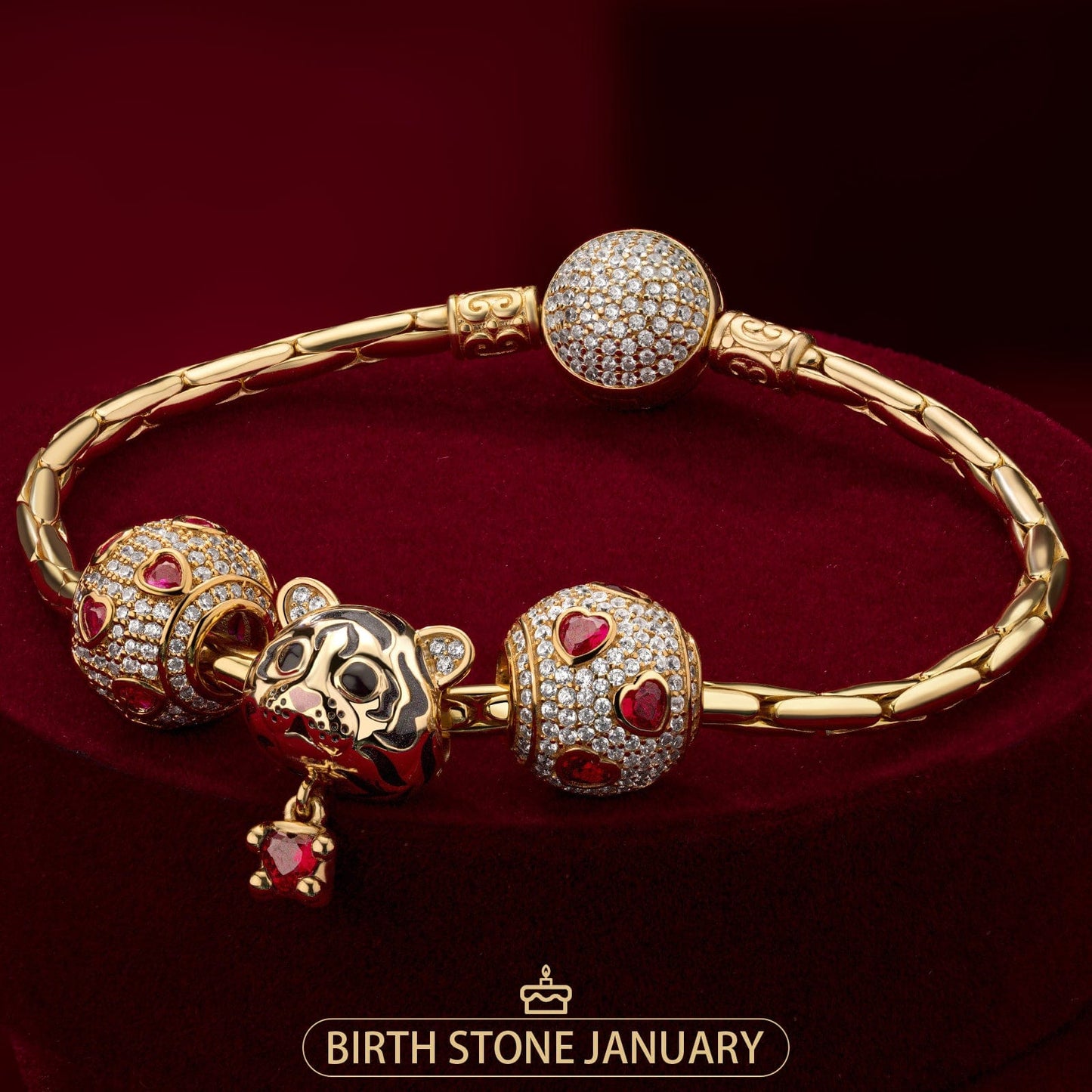 Sterling Silver Fiery Tiger: January Garnet Charms Bracelet Set In 14K Gold Plated (Includes bracelet and all charms shown)