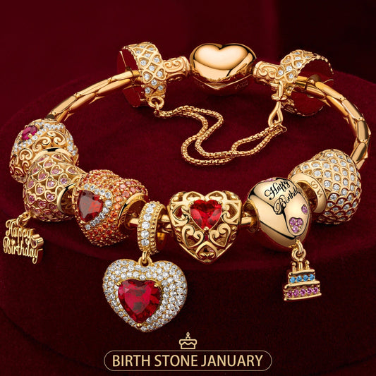 gon- Sterling Silver Crimson Charm: January Garnet Charms Bracelet Set In 14K Gold Plated (Includes bracelet and all charms shown)