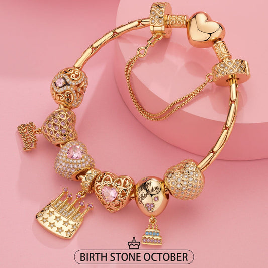 gona- Sterling Silver Pink Tenderness: October Pink Tourmaline Charms Bracelet Set In 14K Gold Plated (Includes bracelet and all charms shown)