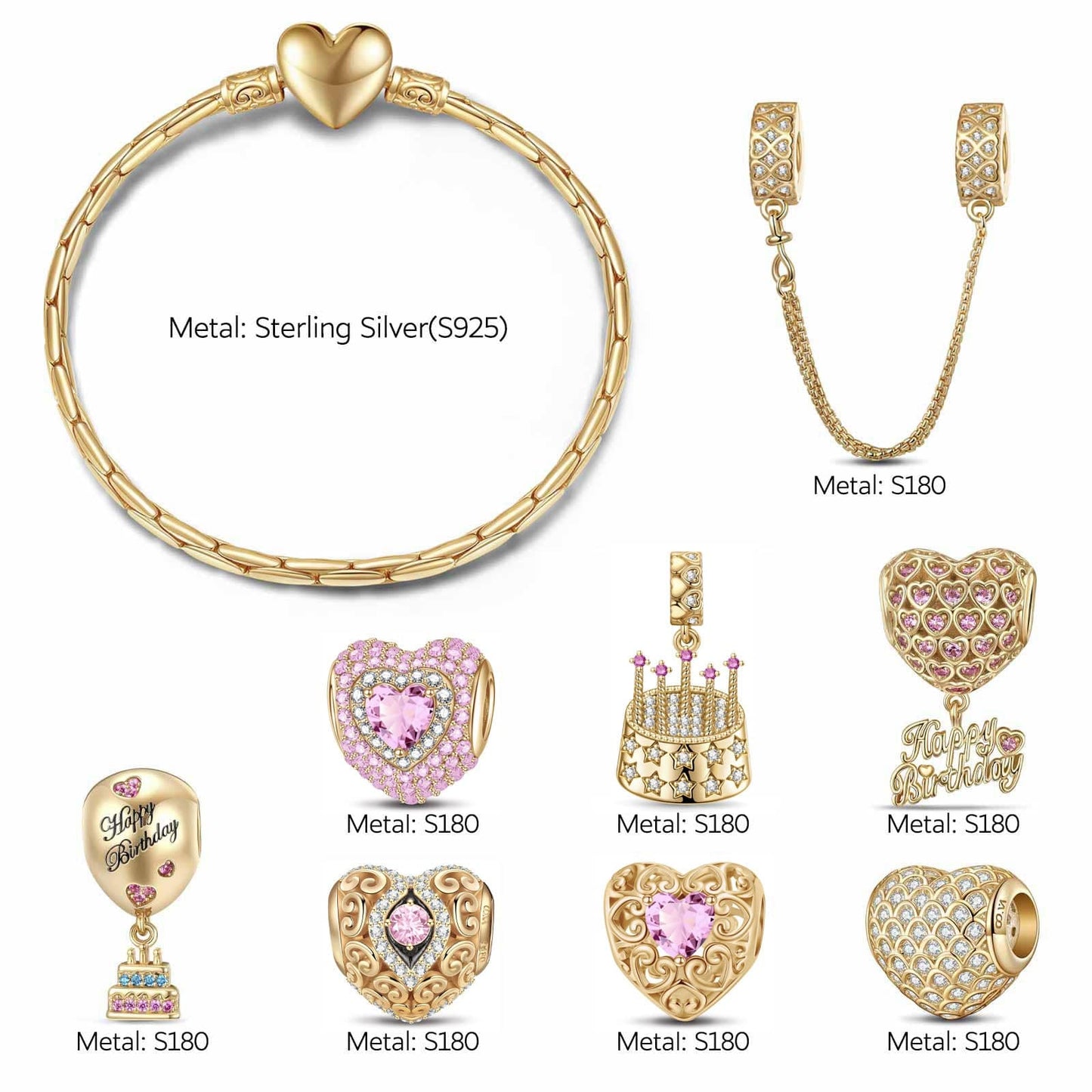 Sterling Silver Pink Tenderness: October Pink Tourmaline Charms Bracelet Set In 14K Gold Plated (Includes bracelet and all charms shown)