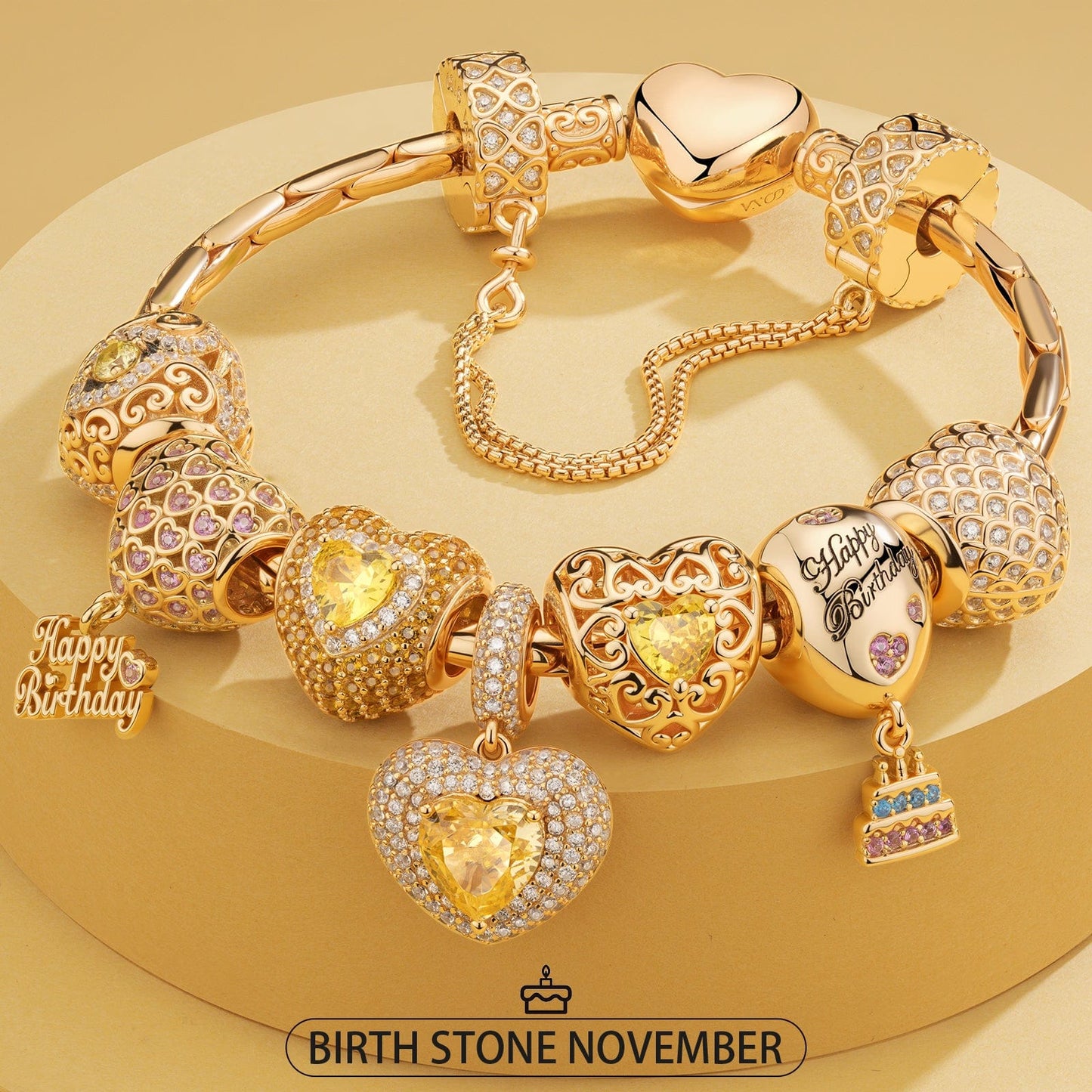Sterling Silver Autumnal Bliss: November Citrine Charms Bracelet Set In 14K Gold Plated (Includes bracelet and all charms shown)