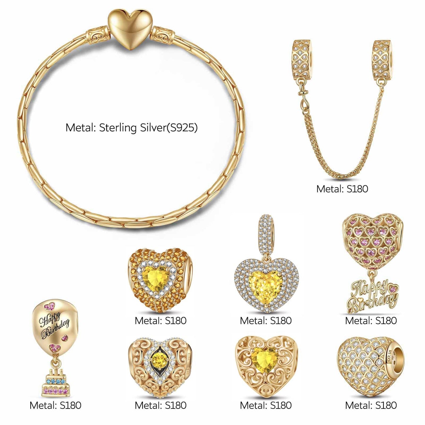 Sterling Silver Autumnal Bliss: November Citrine Charms Bracelet Set In 14K Gold Plated (Includes bracelet and all charms shown)