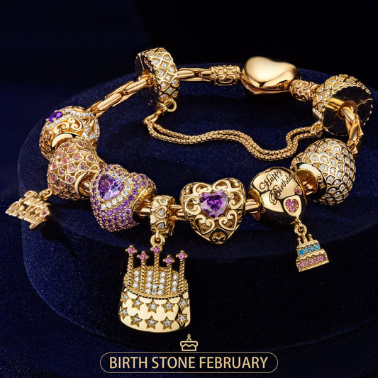 gon- Sterling Silver Dreamy Violet: February Amethyst Charms Bracelet Set In 14K Gold Plated (Includes bracelet and all charms shown)