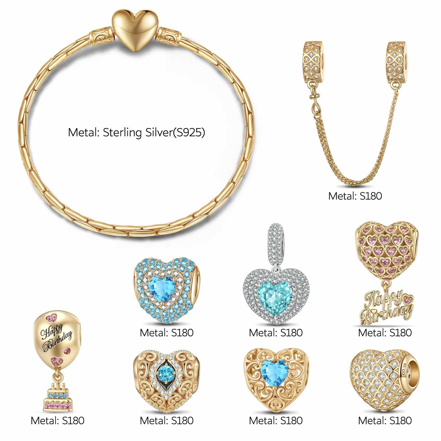 Sterling Silver Ethereal Serene: March Aquamarine Charms Bracelet Set In 14K Gold Plated (Includes bracelet and all charms shown)