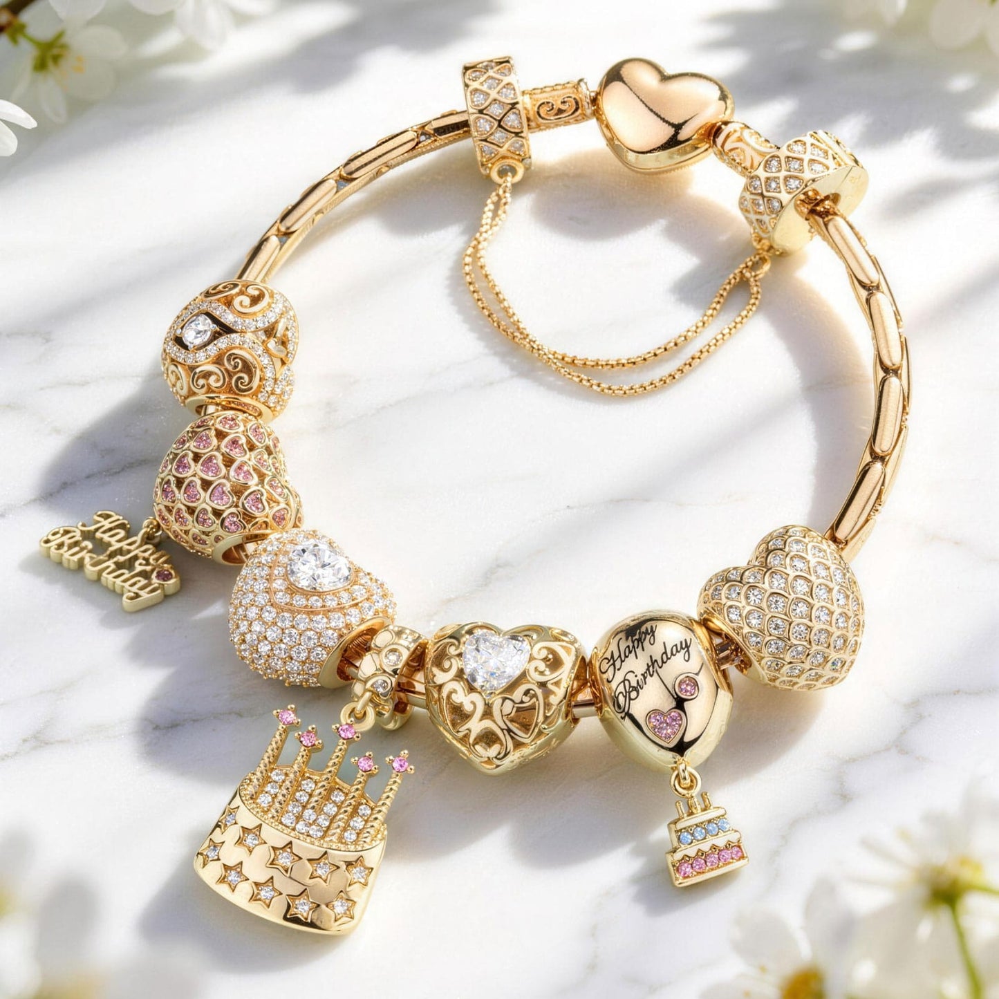 Sterling Silver Dazzling Fortitude: April Diamond Charms Bracelet Set In 14K Gold Plated (Includes bracelet and all charms shown)