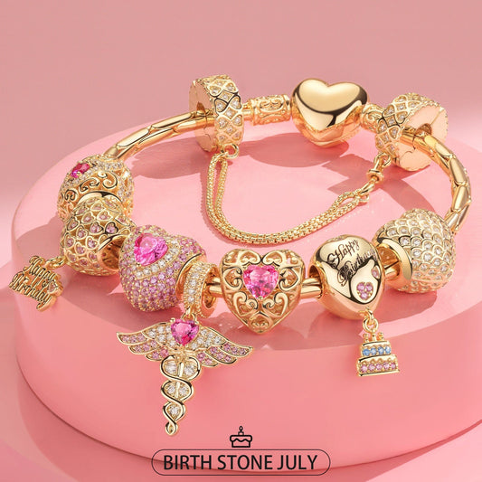 gona- Sterling Silver Passionate Spark: July Ruby Charms Bracelet Set In 14K Gold Plated (Includes bracelet and all charms shown)