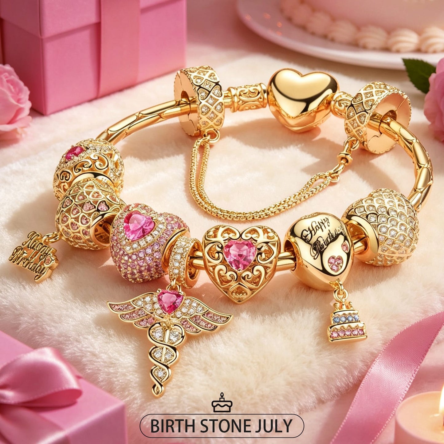Sterling Silver Passionate Spark: July Ruby Charms Bracelet Set In 14K Gold Plated (Includes bracelet and all charms shown)