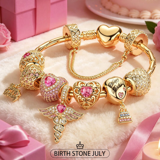 gona- Sterling Silver Passionate Spark: July Ruby Charms Bracelet Set In 14K Gold Plated (Includes bracelet and all charms shown)