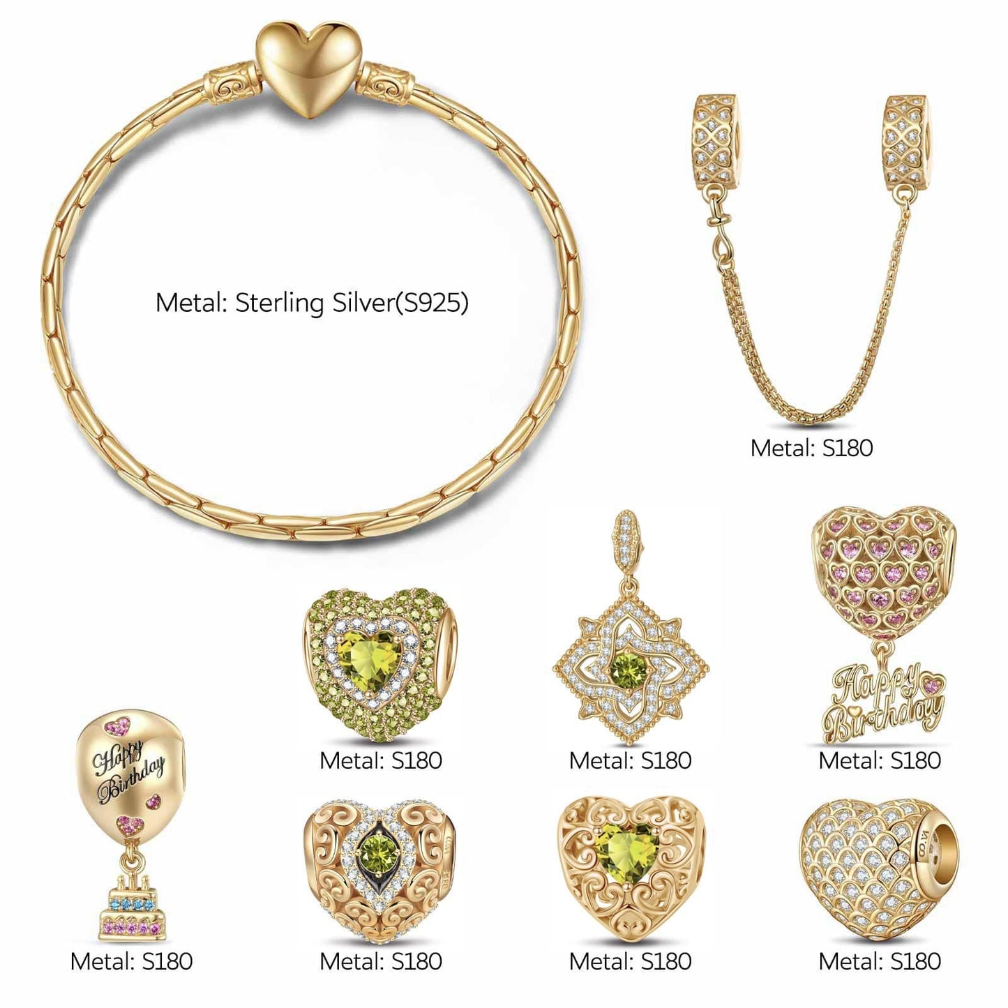 Sterling Silver Green Freshness: August Peridot Charms Bracelet Set In 14K Gold Plated (Includes bracelet and all charms shown)