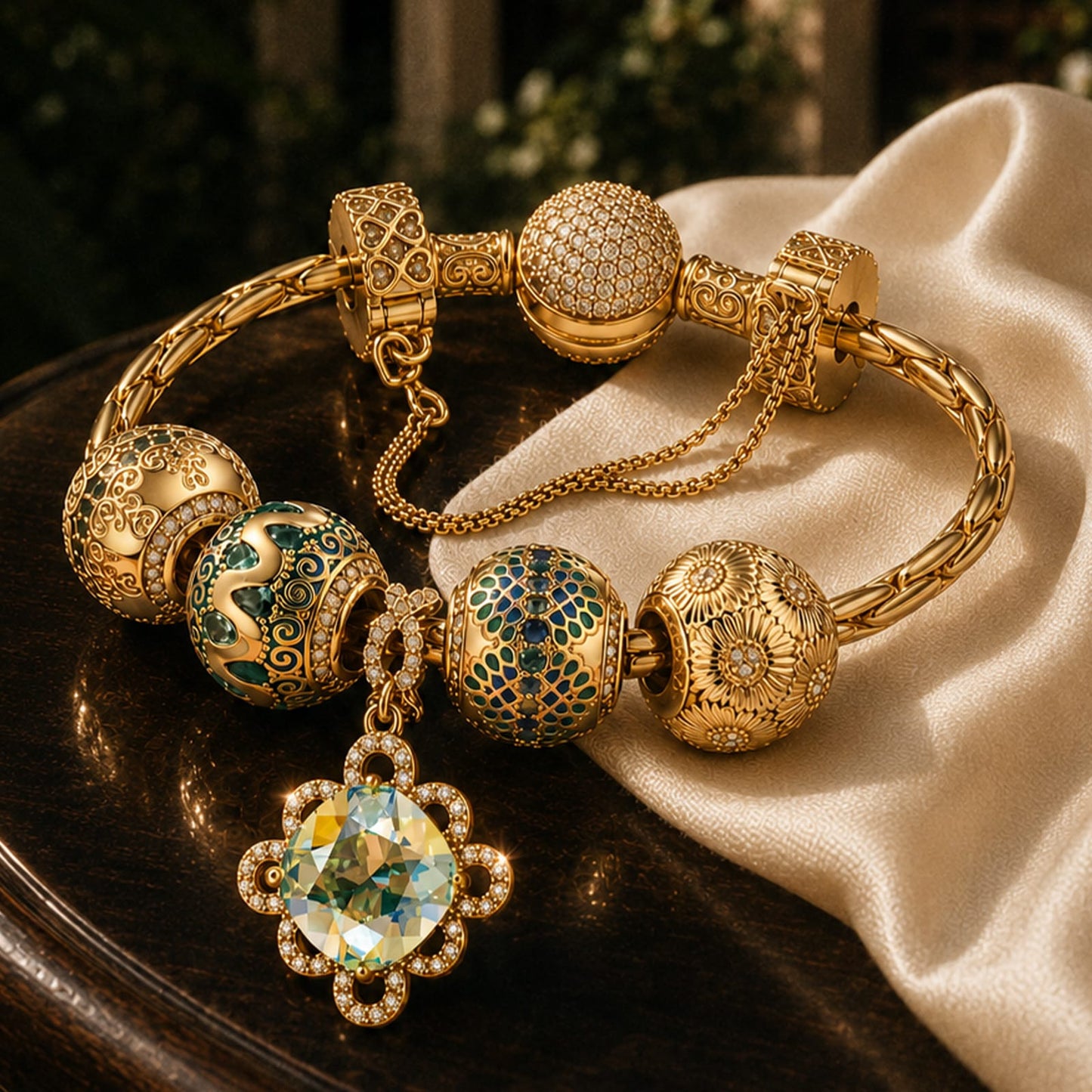 Sterling Silver Twirling in Time Charms Bracelet Set With Enamel In 14K Gold Plated (Includes bracelet and all charms shown)